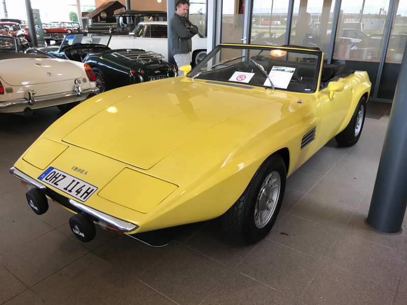 An Intermeccanica Indra. 127 of these were built between ‘71 and ‘74 as a joint venture between Intermeccanica and Opel. They were powered by 327, or 350 V8 Chevy, or Opel straight 6 engines. This one probably has a V8 going by the warning sticker on the back telling you to look out for hot exhaust pipes. This car was a sort of a predecessor to the Bitter CD. Opel and Intermeccanica had set up a dealership network to sell these in the U.S., but GM suddenly cut off selling parts to Intermeccanica and ordered Opel to stop selling Indras at their dealerships which proved disastrous for the Italian company. This led distributor Erich Bitter to start his own car company with cars built by Baur.
